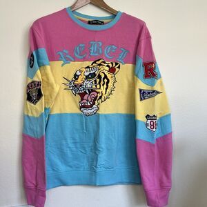 Rebel‎ Minds Pink Color Block Sweatshirt Tiger Embroidered Patched Adult Sz XL